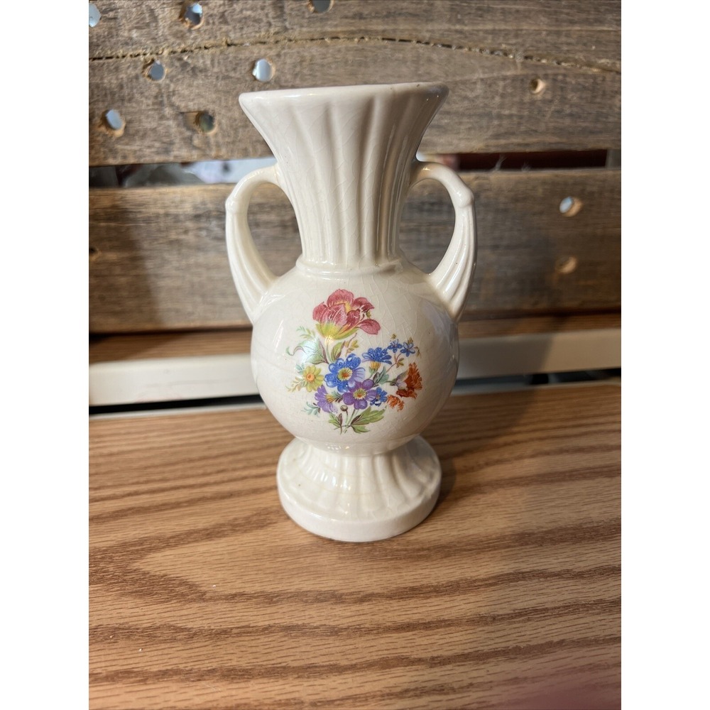 Vintage Royal Copley Porcelain Vase with Vibrant Floral Design and Handles MCM